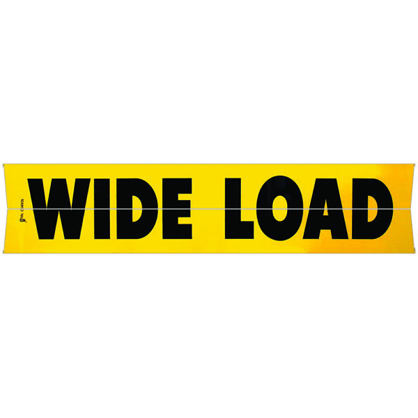 hinged aluminum wide load sign with black letters on a yellow safety background