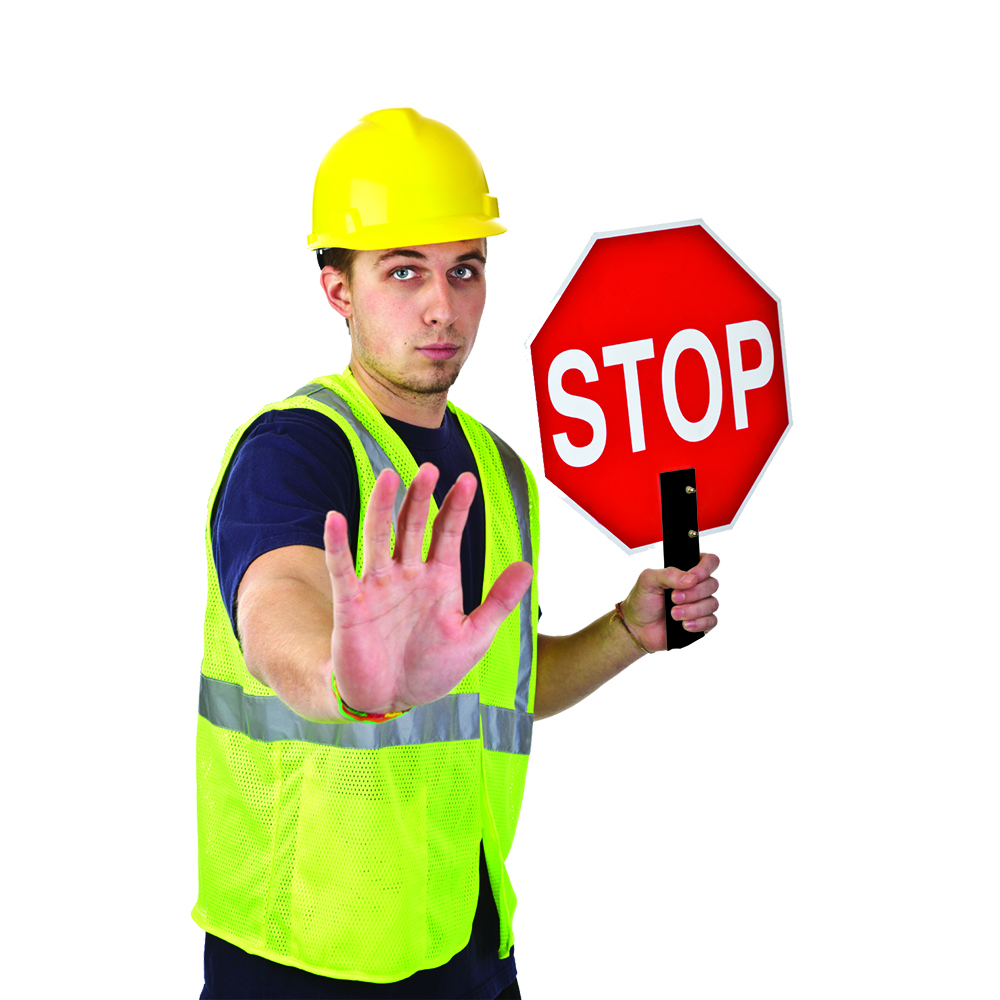 Stop sign held by worker wearing safety vest and yellow hard hat