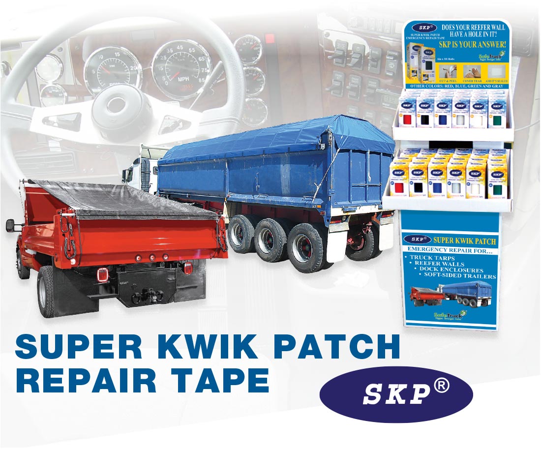 super kwik patch repair tape in a skp display next to a red dump truck and blue dump truck