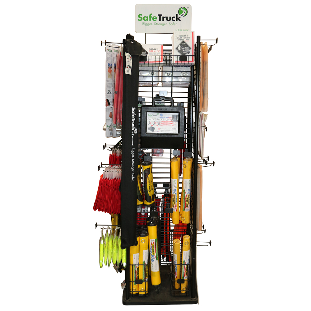 retail spinner display side two with pallet jack stop oversize load and wide load retail ready banners load measuring stick
