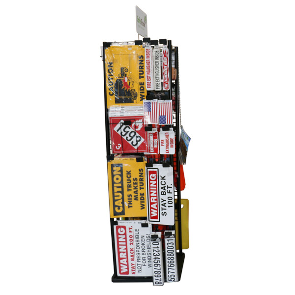retails spinner display with truck safety decals for wide turns hazmat placards fire extinguisher inside decals