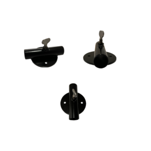 black flag holder bracket with thumbscrew from three different points of view – top, side, and down 1” od pipe