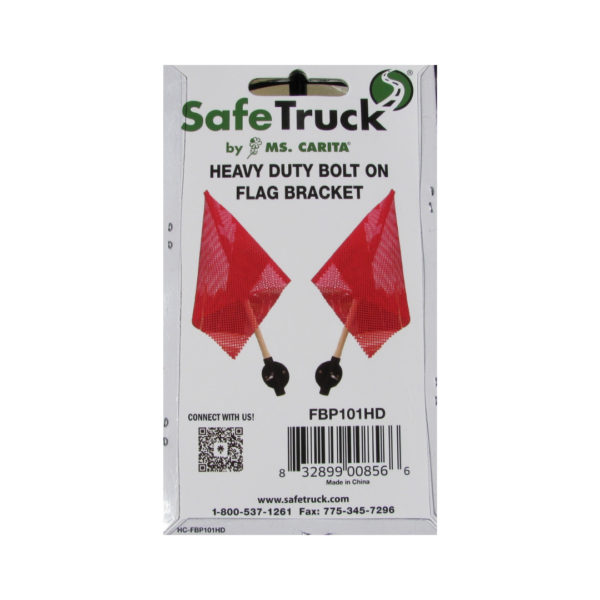 back of flag holder bracket ms. carita safetruck packaging showing the flag holder brackets in use with a red flag