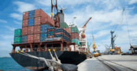 Cargo ship with shipping containers in a port