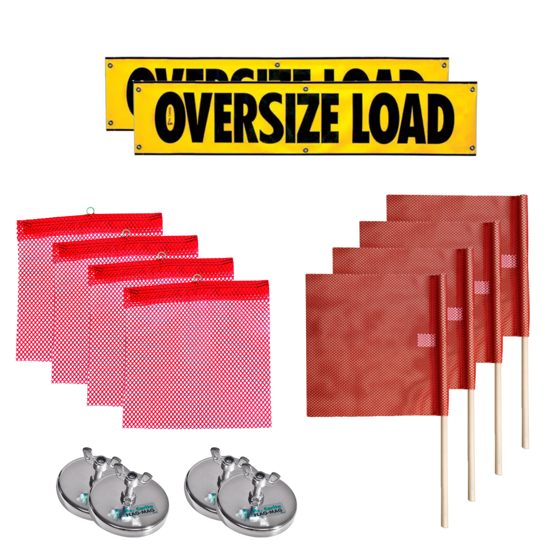Mesh oversize load banners, red wire loop flags, red staff flags, and flag-magnets