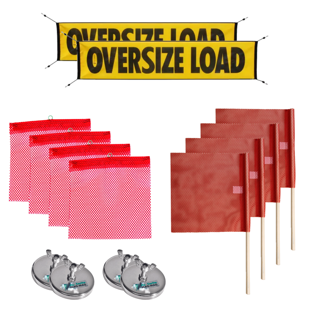 Mesh oversize load bungee banners, red wire loop flags, red staff flags, and flag-magnets