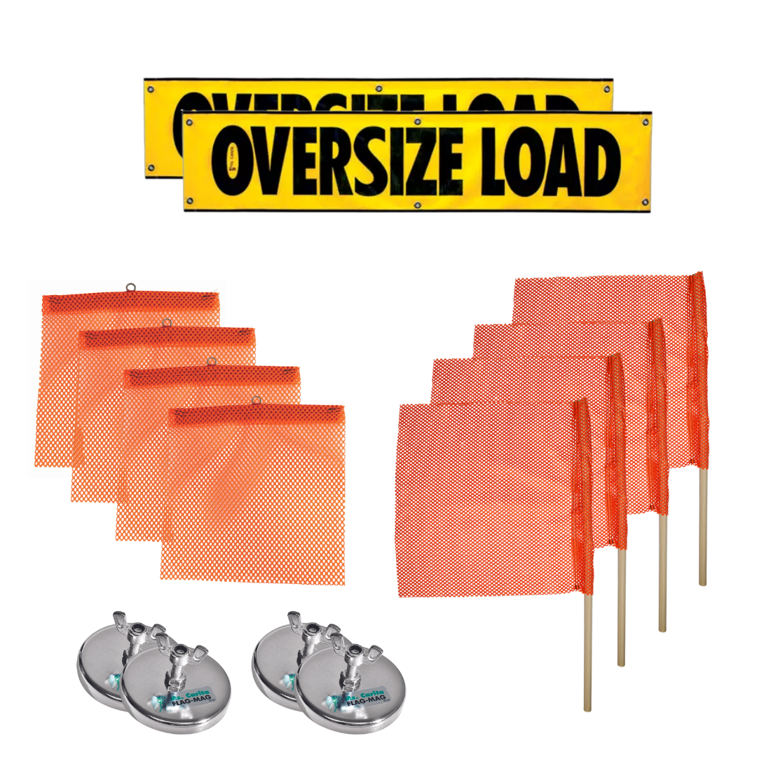 Mesh oversize load banners, orange wire loop flags, orange staff flags, and flag-magnets