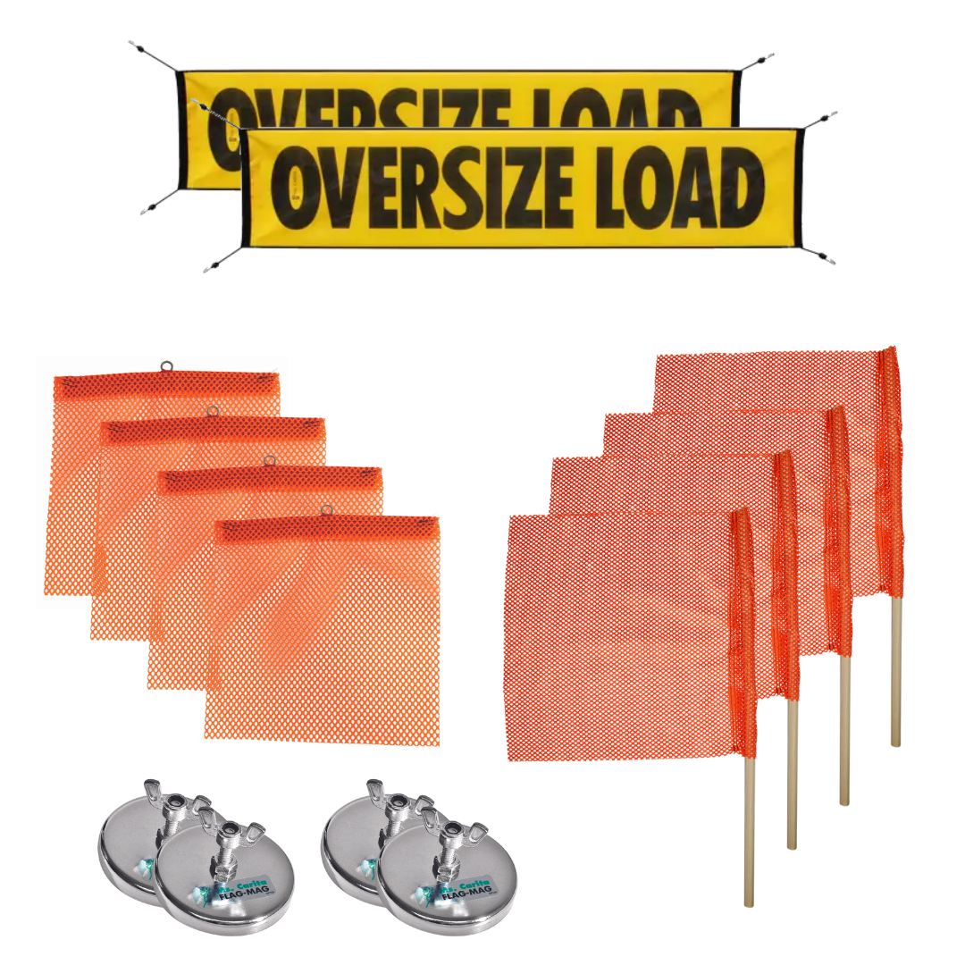 Mesh oversize load bungee banners, orange wire loop flags, orange staff flags, and flag-magnets
