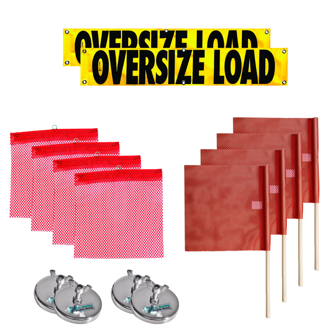 Vinyl oversize load banners, red wire loop flags, red staff flags, and flag-magnets