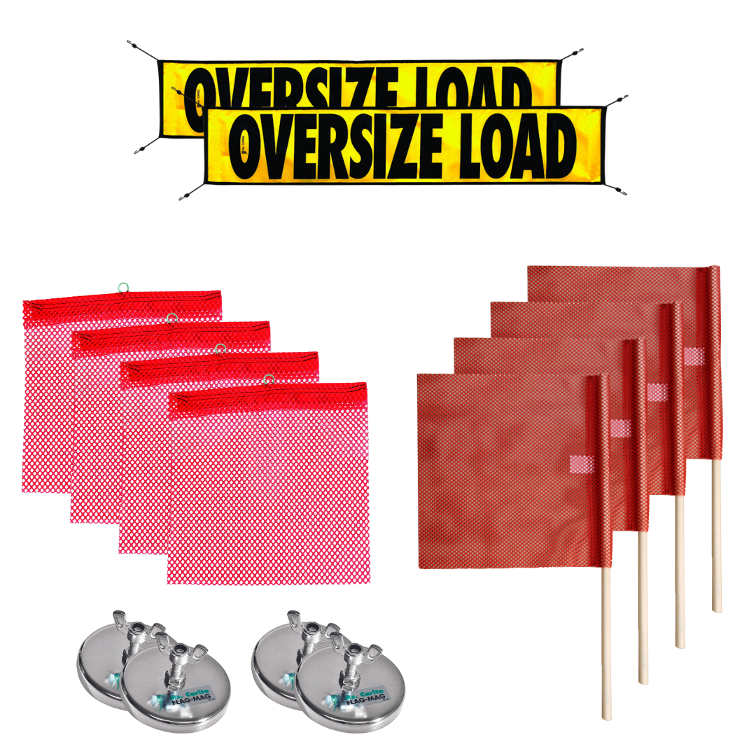 Mesh oversize load bungee banners, red wire loop flags, red staff flags, and flag-magnets