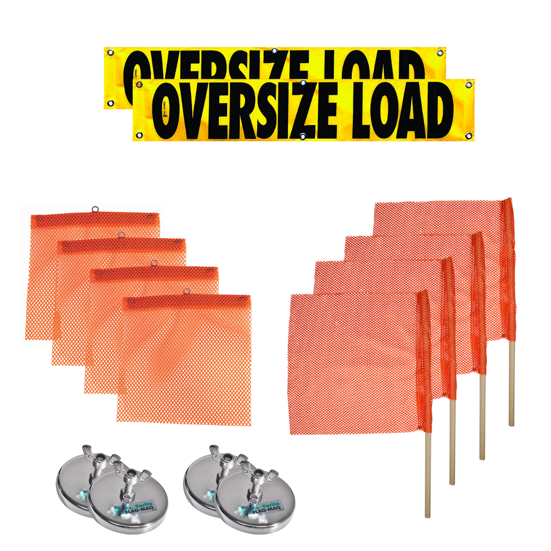 Vinyl oversize load banners, orange wire loop flags, orange staff flags, and flag-magnets
