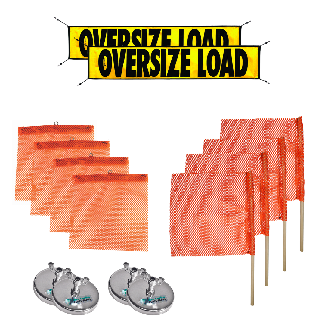 Mesh oversize load bungee banners, orange wire loop flags, orange staff flags, and flag-magnets